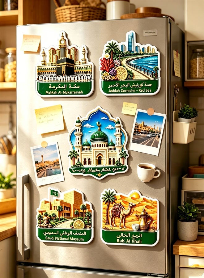 Ailily Saudi Iconic Landmark Acrylic Fridge Magnets 5 Pieces Set Makkah Madinah Jeddah Desert Camel Dallah Coffee Umrah Hajj Tourist Souvenir Eid Gift - Image 2
