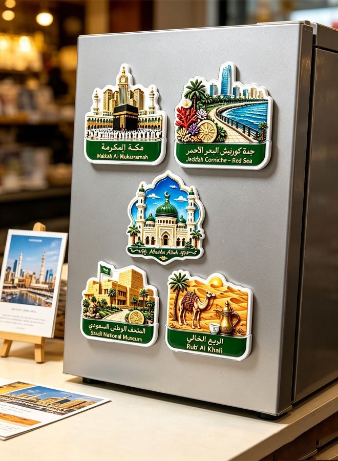 Ailily Saudi Iconic Landmark Acrylic Fridge Magnets 5 Pieces Set Makkah Madinah Jeddah Desert Camel Dallah Coffee Umrah Hajj Tourist Souvenir Eid Gift - Image 5