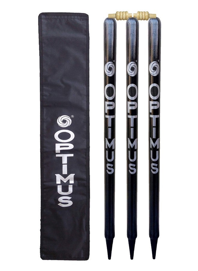 أوبتيموس مجموعة أوبتيموس® من 3 أعمدة خشبية للكريكيت بالحجم الكامل (خشب الأوكالبتوس الثقيل) مع حلقتين وغطاء من التترون - أسود - Image 1