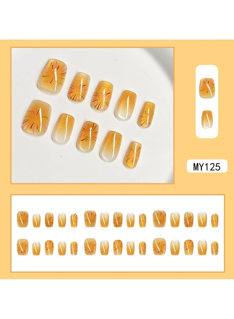 Goolsky Crystal Cat Eye Press On Nails Short Orange Yellow Gradient Removable Firework Nail Tips  - Image 1