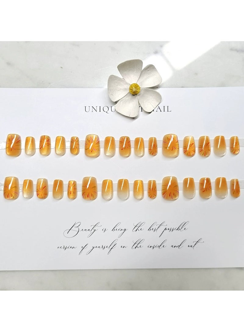 Goolsky Crystal Cat Eye Press On Nails Short Orange Yellow Gradient Removable Firework Nail Tips  - Image 2