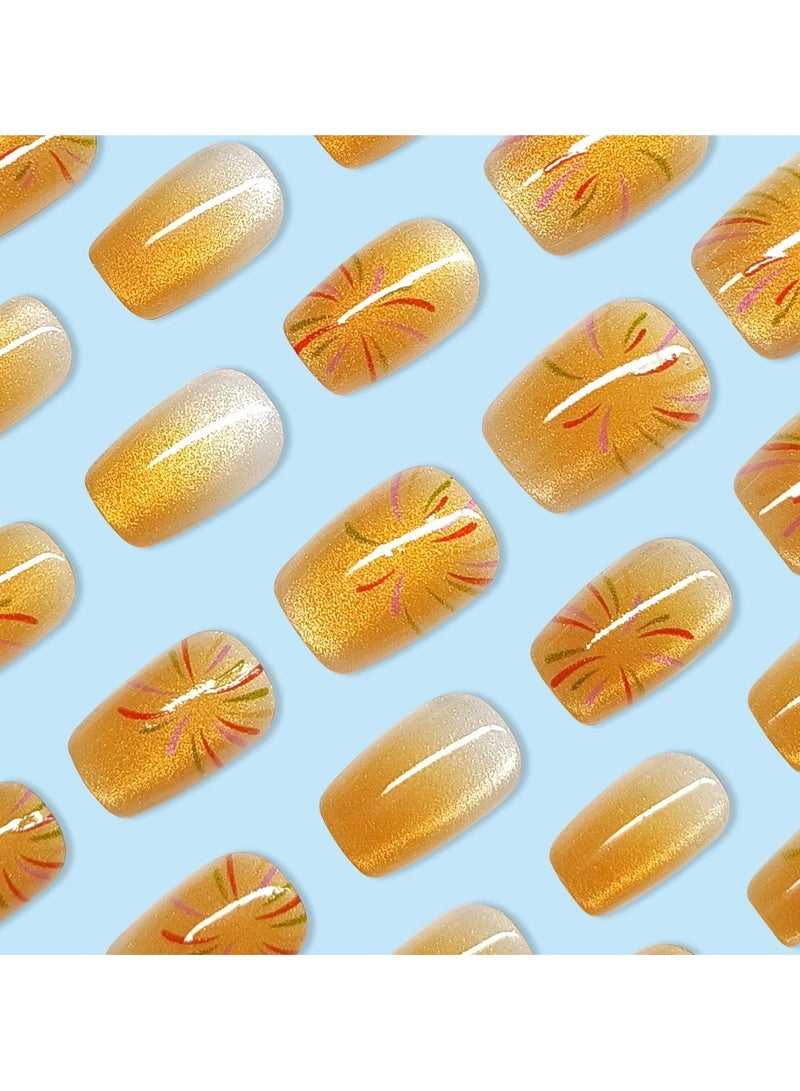 Goolsky Crystal Cat Eye Press On Nails Short Orange Yellow Gradient Removable Firework Nail Tips  - Image 3