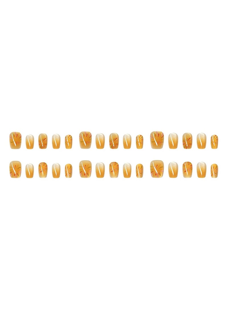 Goolsky Crystal Cat Eye Press On Nails Short Orange Yellow Gradient Removable Firework Nail Tips  - Image 4