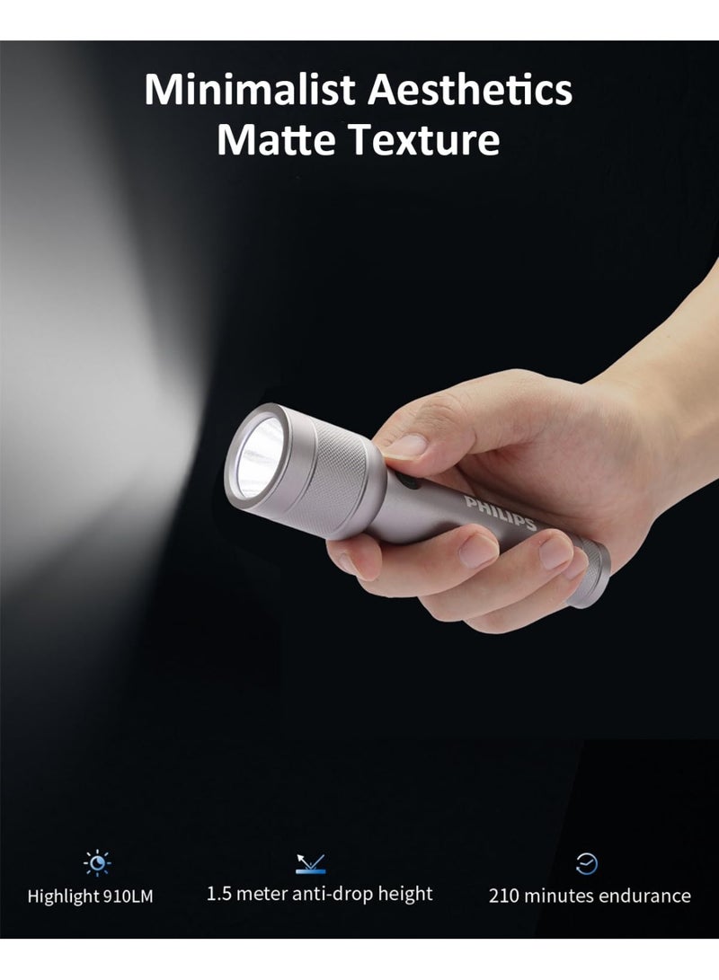 Philips 910 Lumens Rechargeable Portable Torch Light – 3 Lighting Modes, 300 Meters Long-Range Beam, IP55 Waterproof Handheld Flashlight for Home, Camping, Hiking, and Emergency Use. grey - Image 2