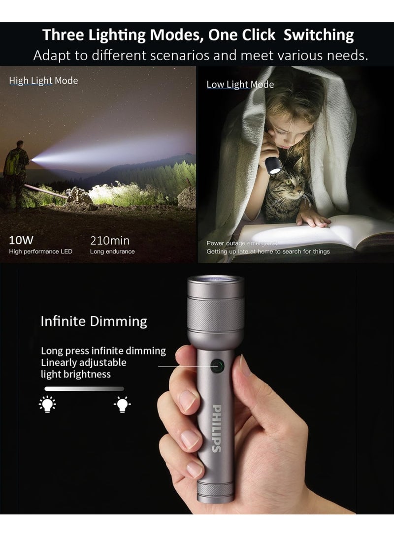 Philips 910 Lumens Rechargeable Portable Torch Light – 3 Lighting Modes, 300 Meters Long-Range Beam, IP55 Waterproof Handheld Flashlight for Home, Camping, Hiking, and Emergency Use. grey - Image 3