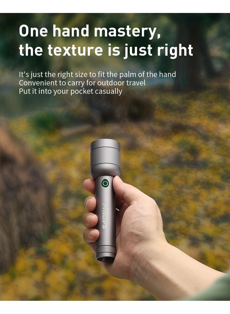 Philips 910 Lumens Rechargeable Portable Torch Light – 3 Lighting Modes, 300 Meters Long-Range Beam, IP55 Waterproof Handheld Flashlight for Home, Camping, Hiking, and Emergency Use. grey - Image 4