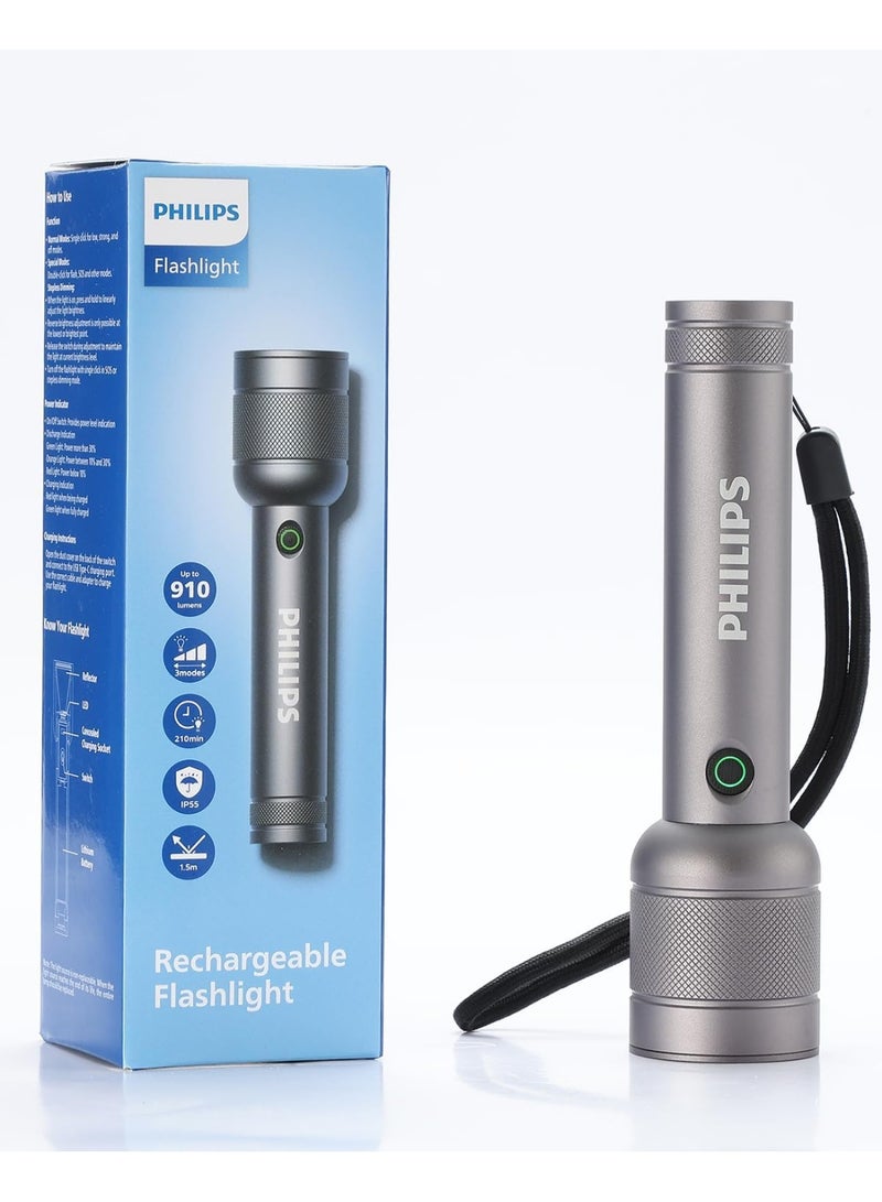 Philips 910 Lumens Rechargeable Portable Torch Light – 3 Lighting Modes, 300 Meters Long-Range Beam, IP55 Waterproof Handheld Flashlight for Home, Camping, Hiking, and Emergency Use. grey - Image 1