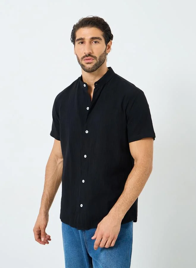 Take Two Take Two Solid Mandarin Collar Button Front Shirt