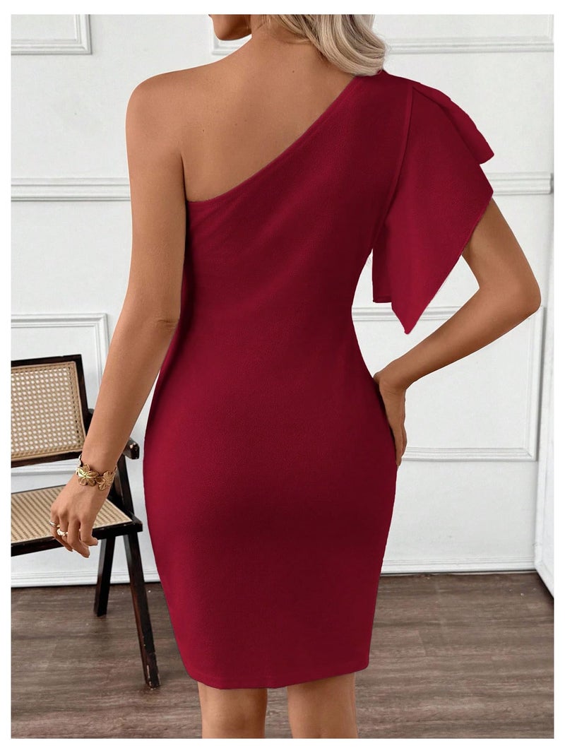 SweatyRocks Women's Elegant One Shoulder Cocktail Dress Ruffle Sleeve Wrap Bodycon Classy Party Dresses Burgundy Large - Image 2