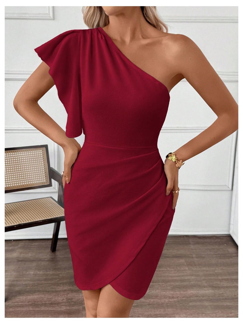 SweatyRocks Women's Elegant One Shoulder Cocktail Dress Ruffle Sleeve Wrap Bodycon Classy Party Dresses Burgundy Large - Image 3