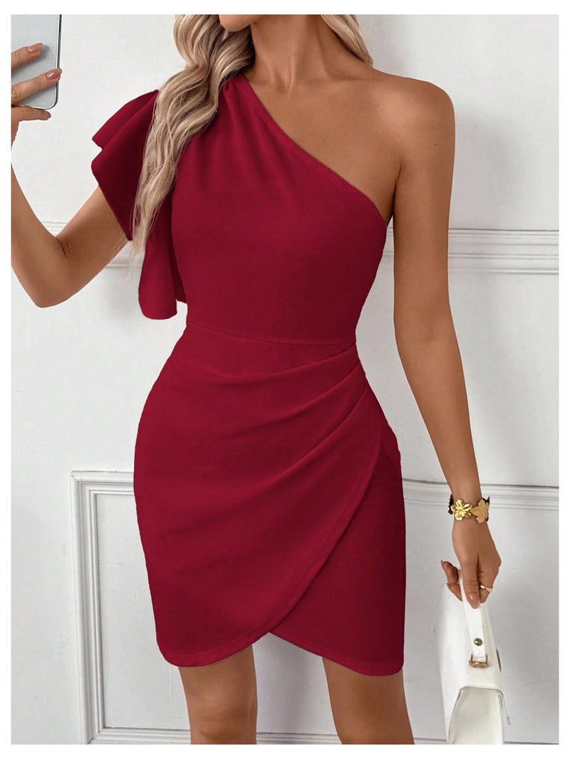 SweatyRocks Women's Elegant One Shoulder Cocktail Dress Ruffle Sleeve Wrap Bodycon Classy Party Dresses Burgundy Large - Image 5