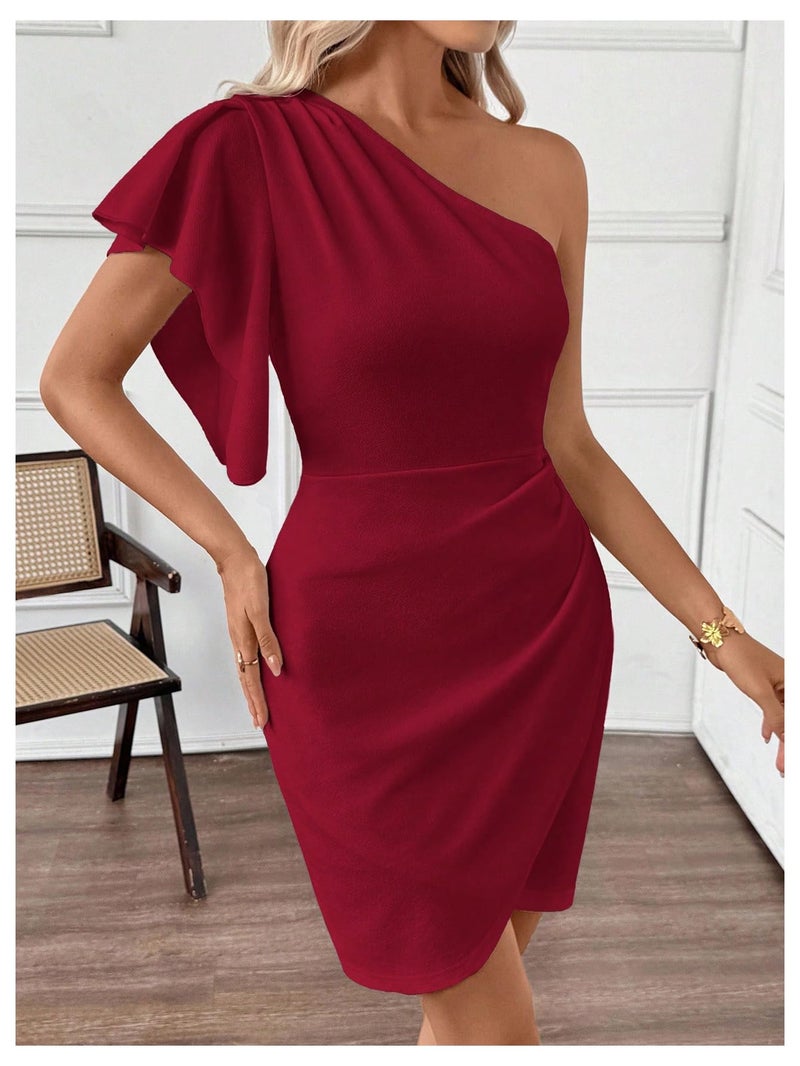 SweatyRocks Women's Elegant One Shoulder Cocktail Dress Ruffle Sleeve Wrap Bodycon Classy Party Dresses Burgundy Large - Image 4