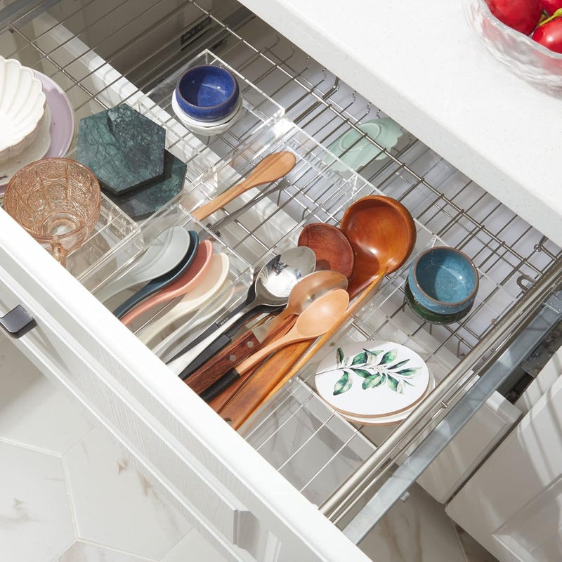 Chunful Clear Drawer Organizer 2 Pieces 6 Section Clear Desk Organizer with Dividers 3 Section Acrylic Makeup Tray Divided Clear Drawer Inserts Sectioned Organizer Tray Makeup Organizer Drawers Storage - Image 4