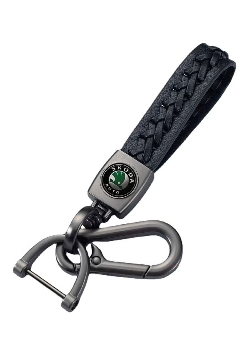 CGS | Braided Leather Car Keychain with Skoda Logo | Premium Metal Key Ring | Luxury Car Key Accessory | Black