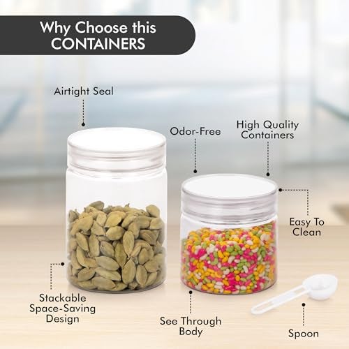 Homeor Plastic Storage Jar & Containers With Spoon, Airtight & BPA Free Containers for Kitchen, Grocery Kitchen Container, Multipurpose Jar | 200 ML - 6 Pcs, 300 ML - 6 Pcs, Set of 12, Transparent - Image 2