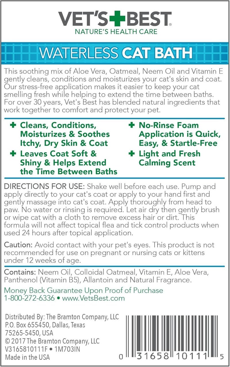 Vet's Best Waterless Cat Bath Foam Shampoo with Aloe Vera, Oatmeal, and Neem Oil - 118ml - Image 3