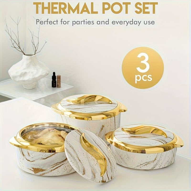 3 Pieces Blue Golden Touch Food Warmer Thermal Casserole Dish Set With Lids Insulated Stainless Steel Container For Hot And Cold Food Serving Bowl For Buffets Hot Pot Sets Tableware Casseroles Set For Office - Image 1