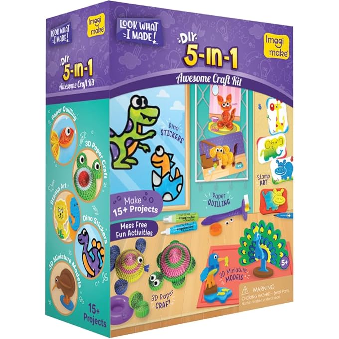 Imagimake 5-in-1 Awesome Craft Kit- Kids - Arts and Crafts for Kids Ages 6-8 || 5 Craft Techniques- 15+ Projects - Gift for 5, 6, 7, 8 Year Old Girls & Boys, Multi, Paper, Clay