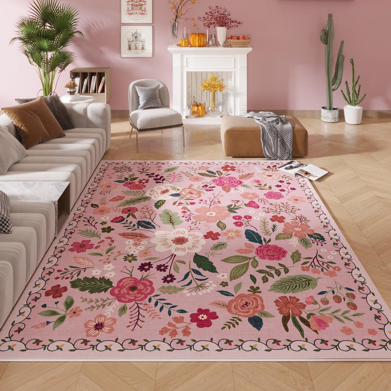 Rugcomf Living Room Rug 5x7 Rug Machine Washable Boho Area Rug Non Slip Floral Vintage Low Pile Large Rugs for Living Room Bedroom Farmhouse Dining Room Kids PlayroomPink