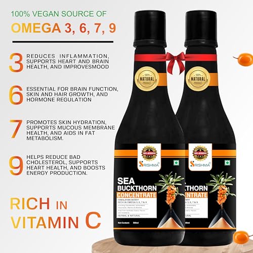 SRISHMA Sea Buckthorn Pulp Concentrate 500 ml (Pack of 2 - 80 Glasses) Cold-Pressed | Natural Vitamin C,Omega 3 6 7 9, Antioxidants | Immunity,Skin Glow& Gut Health Support | Herbal Juice Seabuckthorn Supplement. - Image 4
