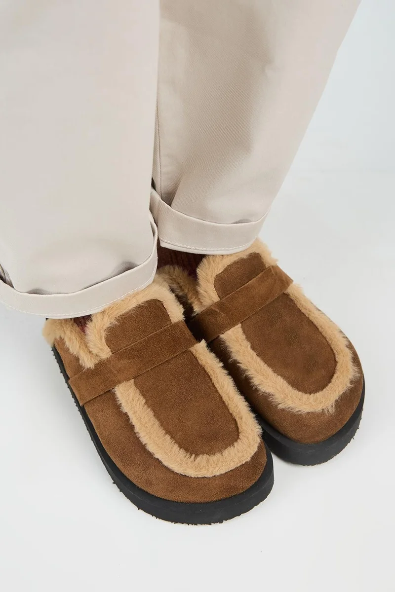 Manijero Manijero (Beginner Platform) Women's Genuine Leather Fur-Lined Loafer Platform Slippers in Tan