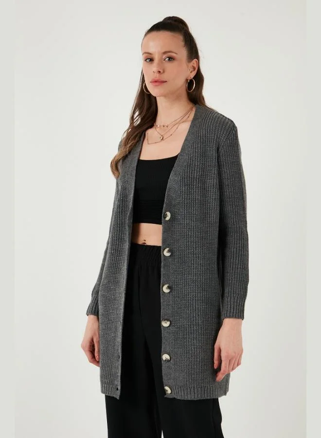 Lela Lela Regular Fit V-Neck Buttoned Knit Long Cardigan Women's CARDIGAN 4615044