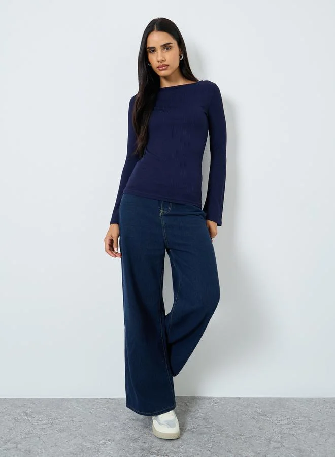 Styli Styli Ribbed Knit Flared Long Sleeve Top