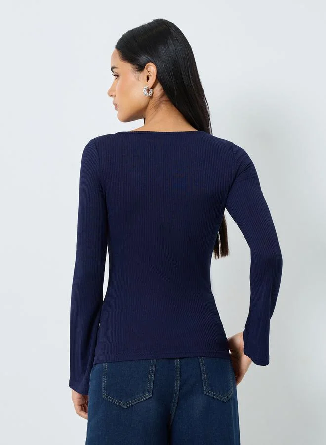Styli Styli Ribbed Knit Flared Long Sleeve Top