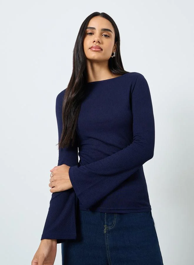 Styli Styli Ribbed Knit Flared Long Sleeve Top