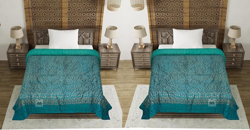AARMOZY Cotton Filled Light Weight Silk Jaipuri AC Quilt/Razai Gold Print Jaipuriya Rajai/Razzai - (Floral, RAMA Green Single Bed Set of 2) - Image 2