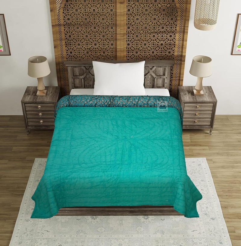 AARMOZY Cotton Filled Light Weight Silk Jaipuri AC Quilt/Razai Gold Print Jaipuriya Rajai/Razzai - (Floral, RAMA Green Single Bed Set of 2) - Image 5