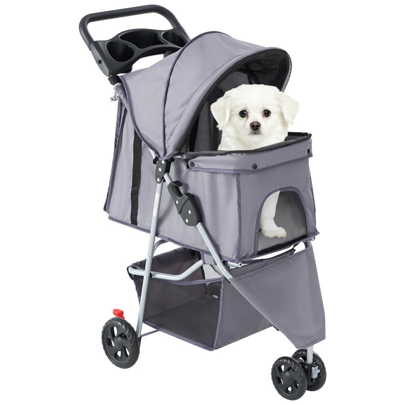 DUMOS 3 Wheels Pet Stroller for Small Dogs and Cats â€“ Foldable Dog Stroller with Mesh Windows, Storage Basket & Cup Holder, Lightweight & Durable Pet Carrier for Travel, Outdoor Use â€“ Grey - Image 1