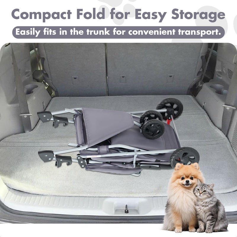 DUMOS 3 Wheels Pet Stroller for Small Dogs and Cats â€“ Foldable Dog Stroller with Mesh Windows, Storage Basket & Cup Holder, Lightweight & Durable Pet Carrier for Travel, Outdoor Use â€“ Grey - Image 4