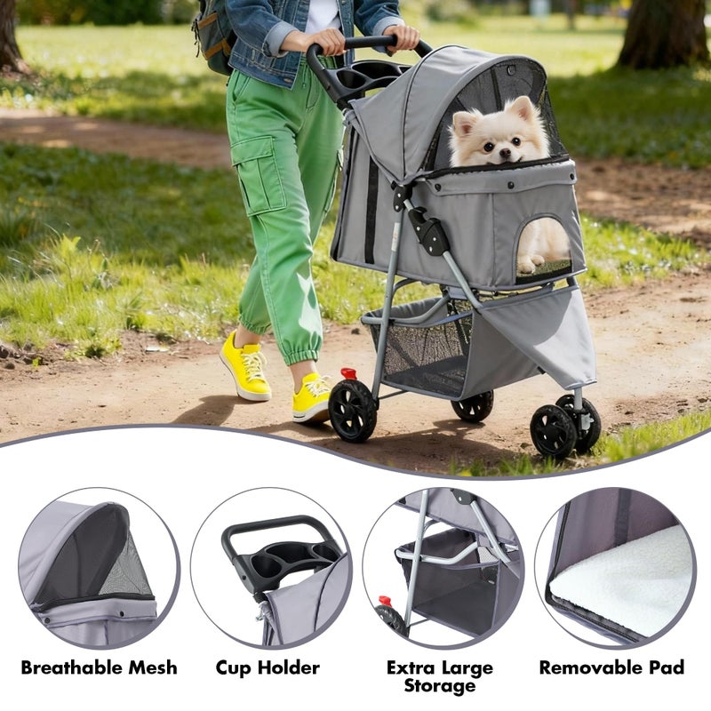 DUMOS 3 Wheels Pet Stroller for Small Dogs and Cats â€“ Foldable Dog Stroller with Mesh Windows, Storage Basket & Cup Holder, Lightweight & Durable Pet Carrier for Travel, Outdoor Use â€“ Grey - Image 3