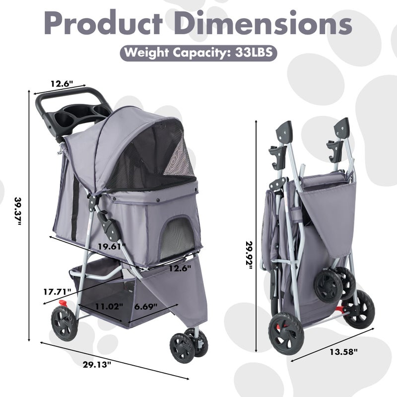 DUMOS 3 Wheels Pet Stroller for Small Dogs and Cats â€“ Foldable Dog Stroller with Mesh Windows, Storage Basket & Cup Holder, Lightweight & Durable Pet Carrier for Travel, Outdoor Use â€“ Grey - Image 2