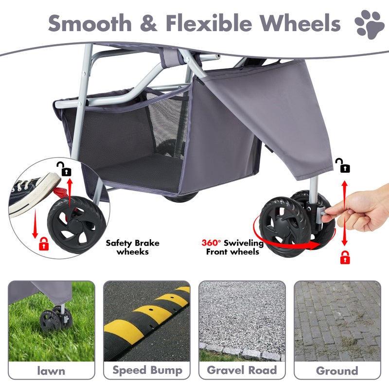 DUMOS 3 Wheels Pet Stroller for Small Dogs and Cats â€“ Foldable Dog Stroller with Mesh Windows, Storage Basket & Cup Holder, Lightweight & Durable Pet Carrier for Travel, Outdoor Use â€“ Grey - Image 5