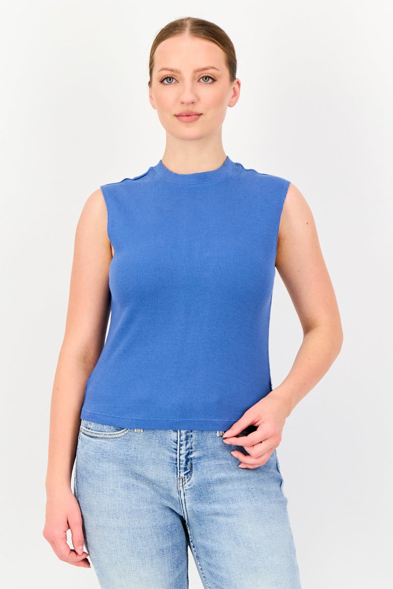 Levi's Women Round Neck Sleeveless Ribbed Top, Blue - Image 1