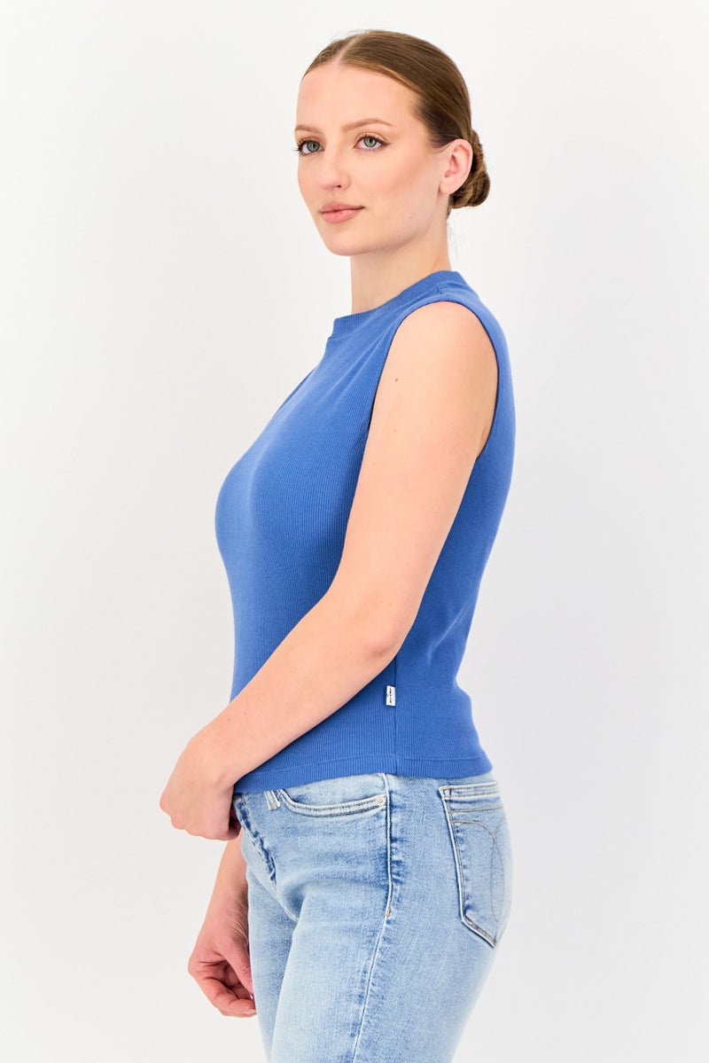 Levi's Women Round Neck Sleeveless Ribbed Top, Blue - Image 2