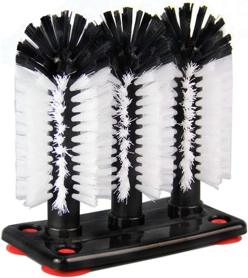 FEENM Water Bottle Cleaning Brush Glass Cup Washer with Suction Base 3 Head Bristle Brush for Beer Cup, Long Leg Cup, Red Wine Glass & More Bar Kitchen Sink Home Tools - Image 1
