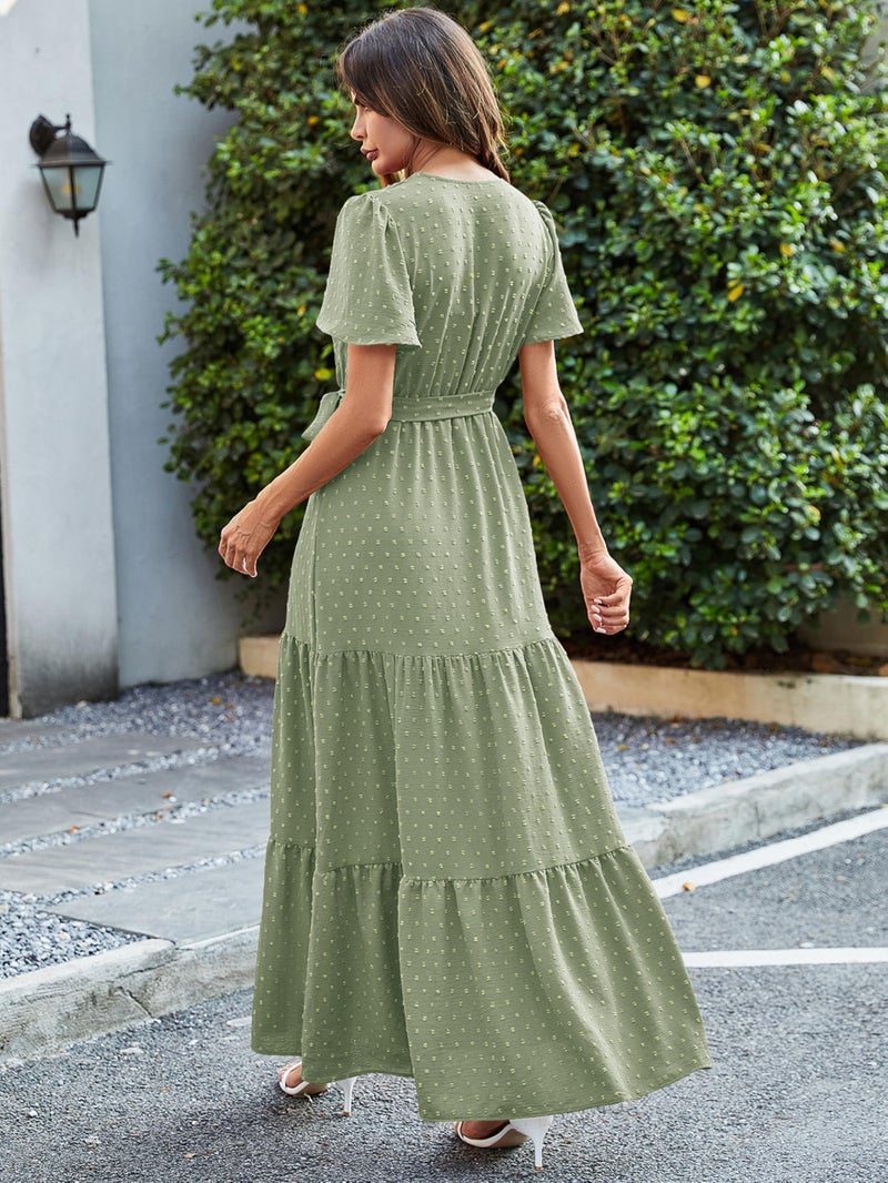 MASCOMODA Women Boho Swiss Dot Maxi Dresses Wrap V Neck Flutter Short Sleeve Solid Tie Waist A Line Tiered Flowy Long Dress(Light Green,XX-Large) - Image 5