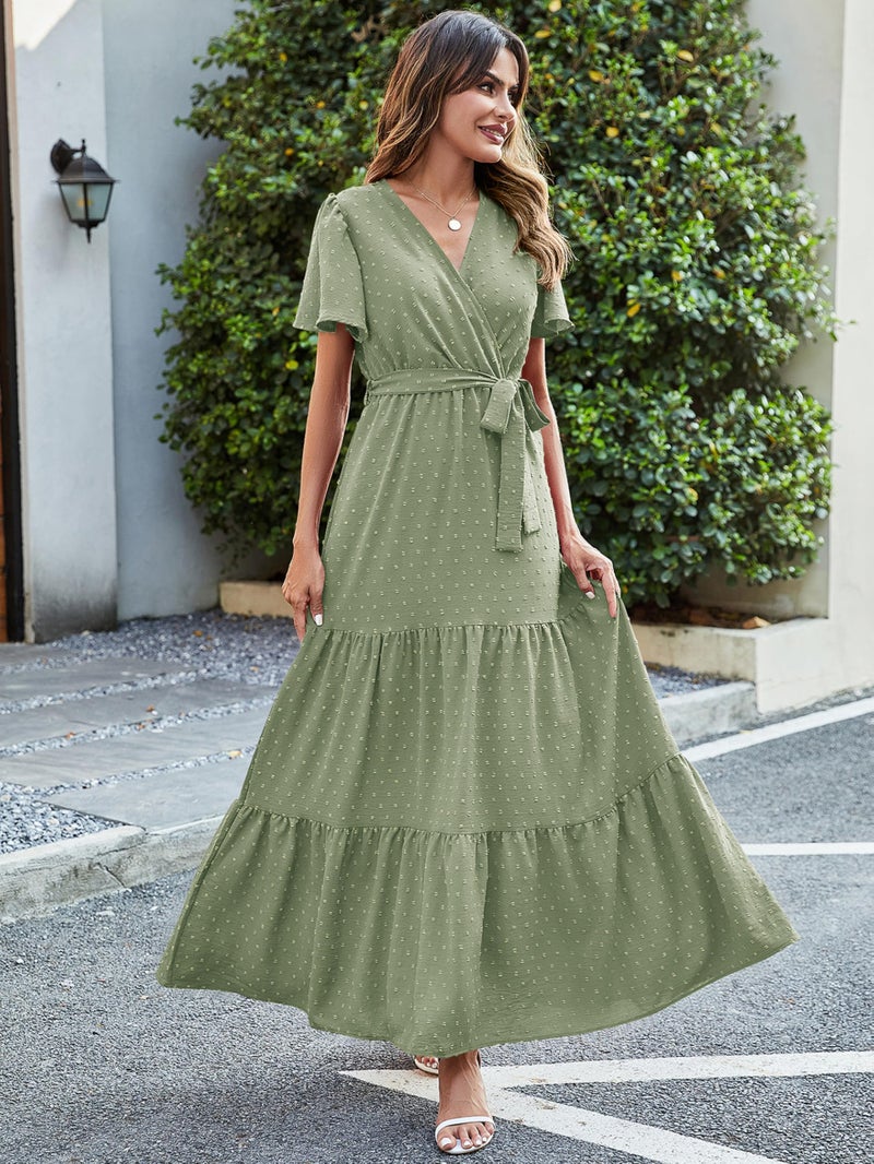 MASCOMODA Women Boho Swiss Dot Maxi Dresses Wrap V Neck Flutter Short Sleeve Solid Tie Waist A Line Tiered Flowy Long Dress(Light Green,XX-Large) - Image 4