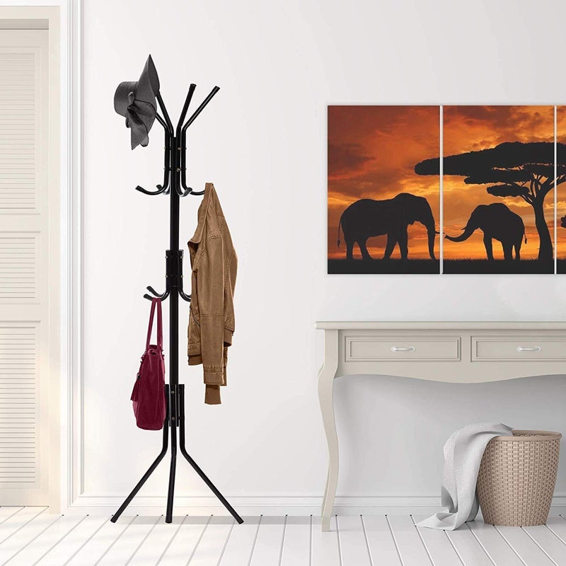Inditradition Inditradition Metal Coat Rack Hanger Stand Free Standing for Suit Blazer Jacket Gown Handbags Umbrella DoitYourself 12 Hooks 68 Inches Black - Image 2