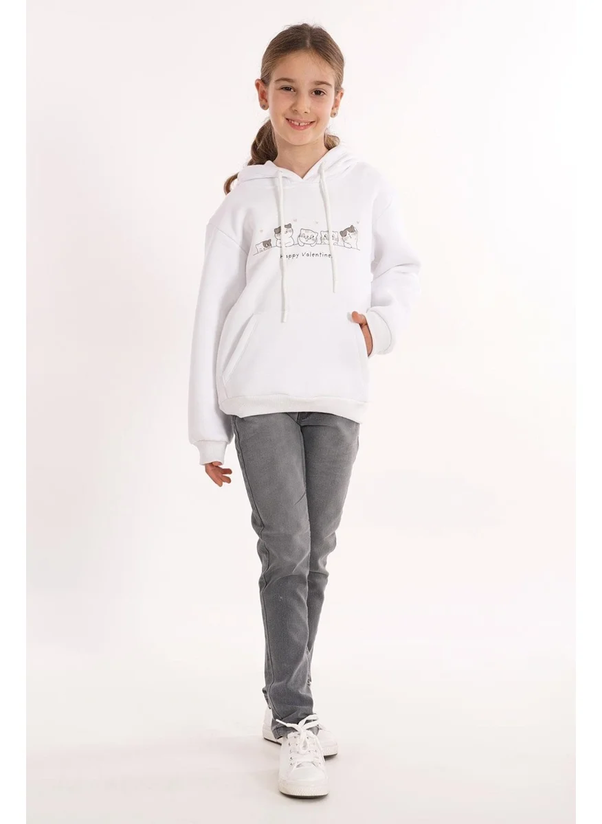 زيبكيدز Cat Printed Kangaroo Pocket White Color Girl's Hooded Sweater