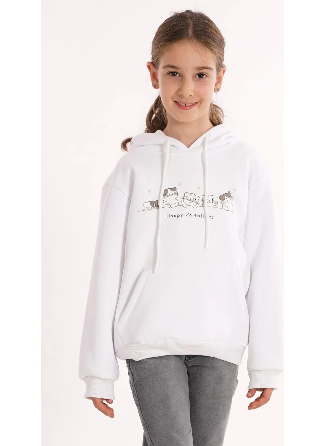 زيبكيدز Cat Printed Kangaroo Pocket White Color Girl's Hooded Sweater