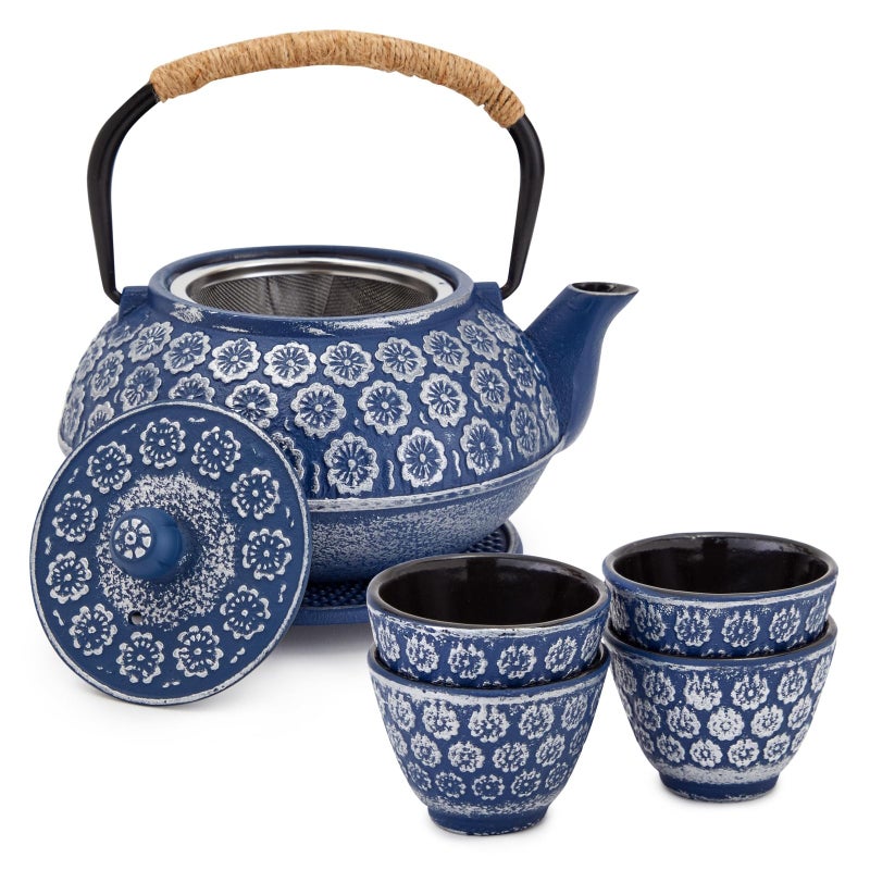 Juvale Japanese Cast Iron Teapot with Infuser Enhanced Heat Retention in Cast Iron Kettle Includes Stainless Infuser Basket Trivet for Teapot Filter Set 32 Oz Blue