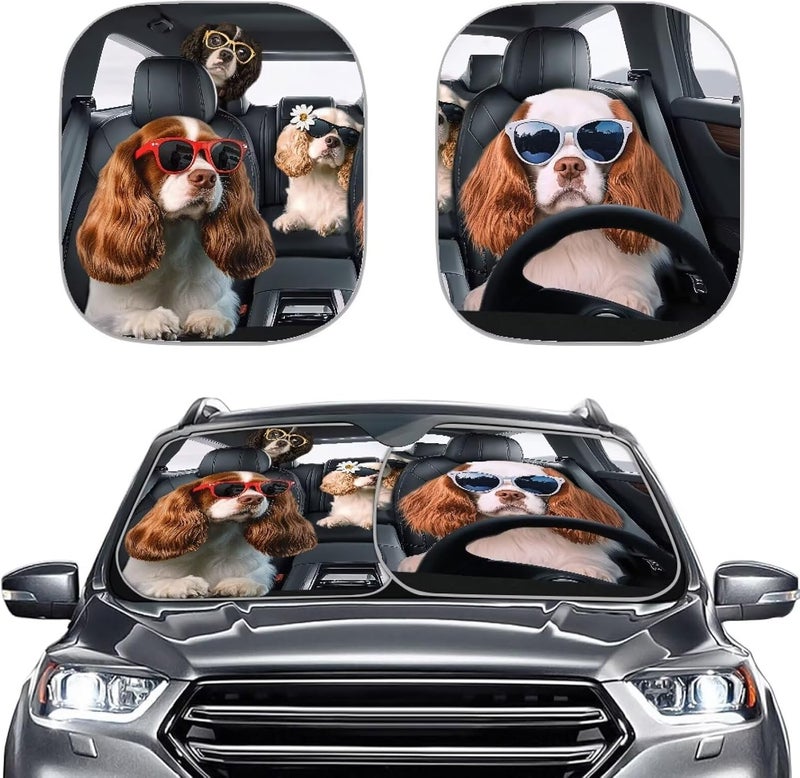 بولوبور ظل شمس كلب مضحك لزجاج السيارة الأمامي، قطعتان قابلتان للطي، حاجب شمس لنافذة السيارة الأمامية، حاجب شمس لطيف، واقيات شمس عالمية للسيارات، تعكس أشعة الشمس فوق البنفسجية والحرارة - Image 1