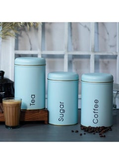 Set of 3 round kitchen storage canisters with lids for sugar, coffee, and tea, 500 ml (light blue)