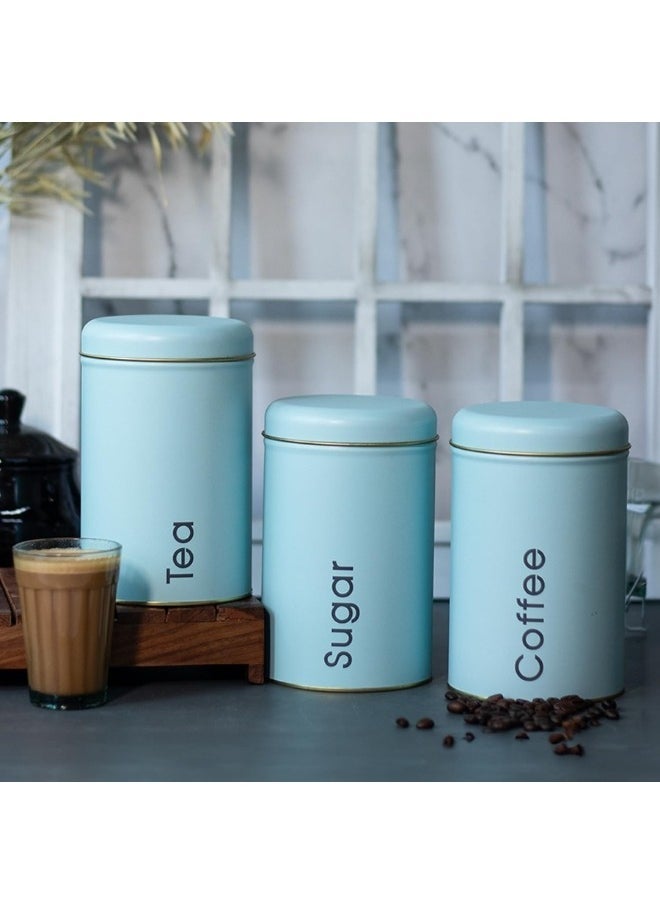 Generic - Set of 3 round kitchen storage canisters with lids for sugar, coffee, and tea, 500 ml (light blue) - Image 1