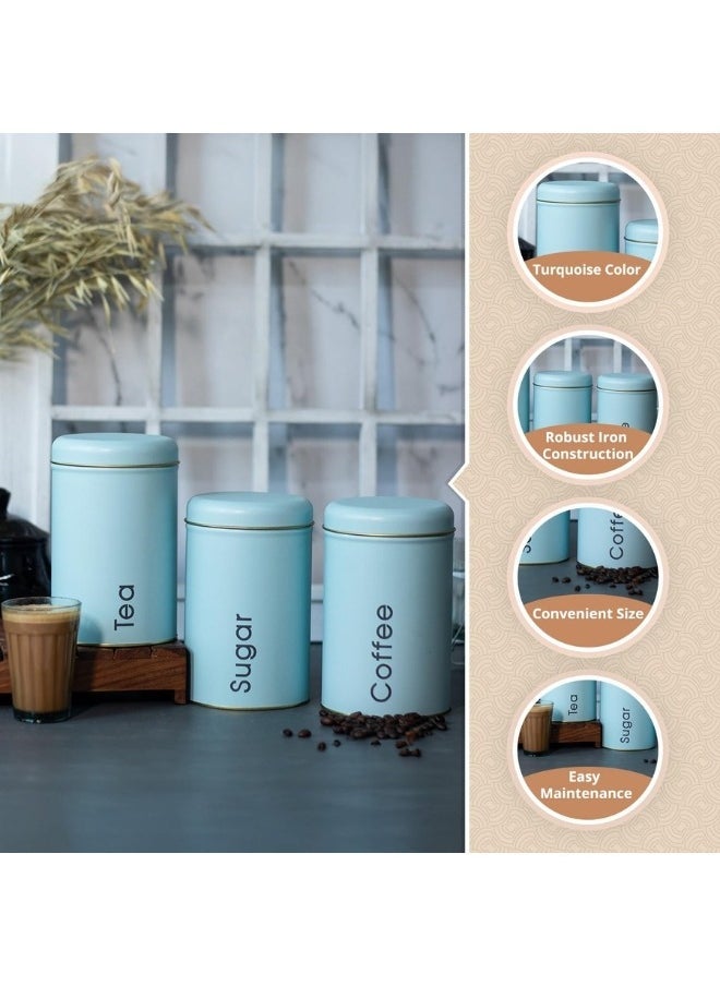 Generic - Set of 3 round kitchen storage canisters with lids for sugar, coffee, and tea, 500 ml (light blue) - Image 1