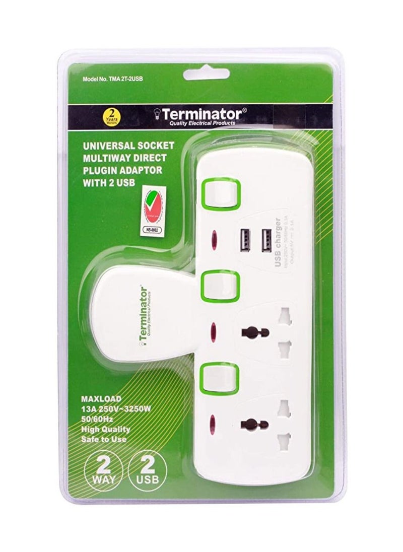 Terminator 2 Way Universal T Socket With 2 USB 2.1AH Individual Switch And Indicator With Fused In White Color  - Image 1